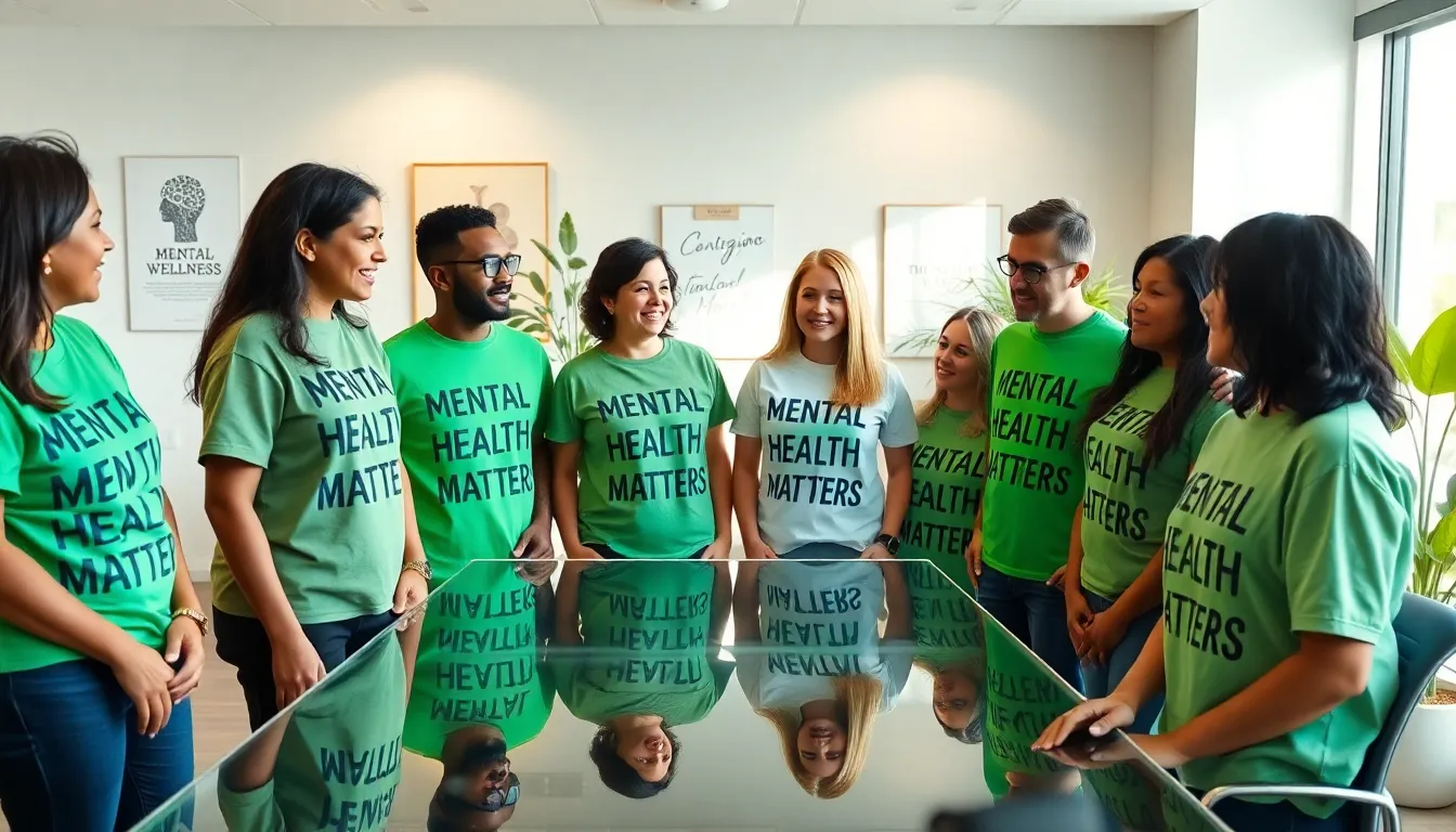 diverse group discussing mental health in modern office with t-shirts.